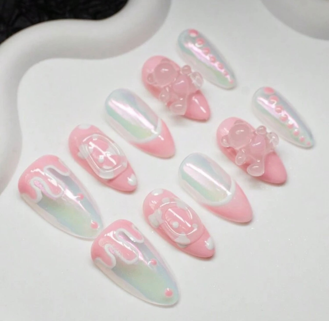 Pink & White Teddy Press on Nails