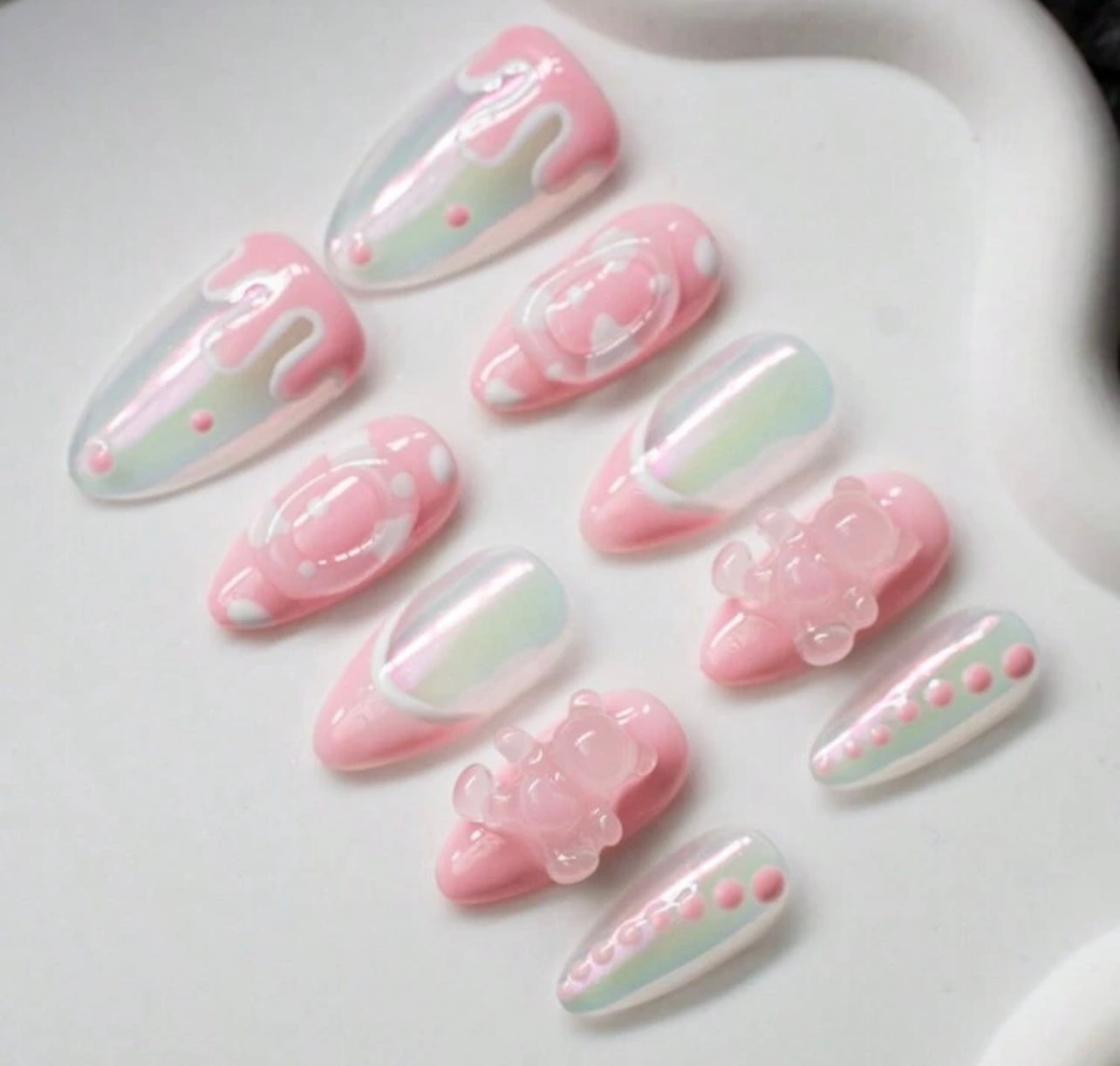 Pink & White Teddy Press on Nails