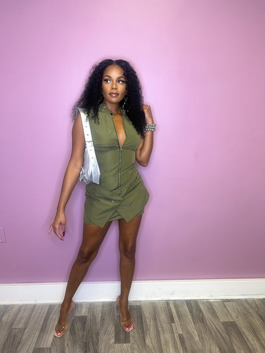 Army Green Overlap Pocket Dress