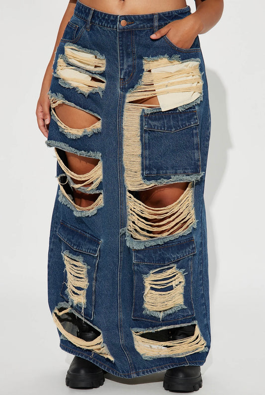 Dark Denim Distressed Skirt