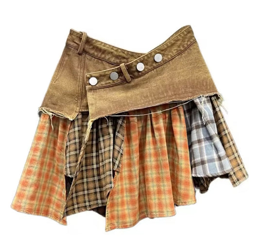 Brown Irregular Plaid Skirt