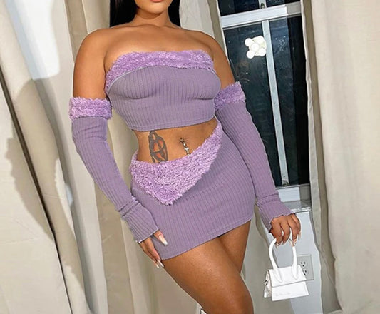 Purple Fur Trim Skirt Set